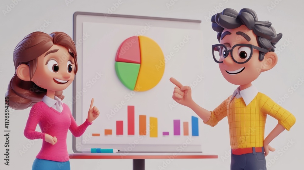 Aufkleber animated characters presenting business data on whiteboard: a colorful 3d render of a business prese
