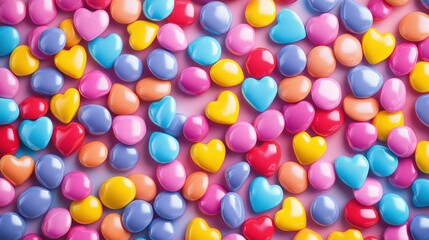 Obraz premium Colorful Candy Hearts and Circles Background for Valentine’s Day Celebrations, Perfect for Sweet-Themed Designs and Romantic Occasions
