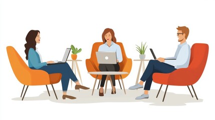 Fototapeta premium Three Office Workers in Casual Lounge Area with Laptops and Plants