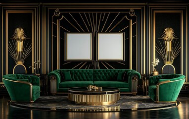 Luxurious green velvet furniture in art deco interior living room with blank frames.