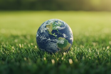 Earth Globe on Green Grass Background in Natural Outdoor Setting