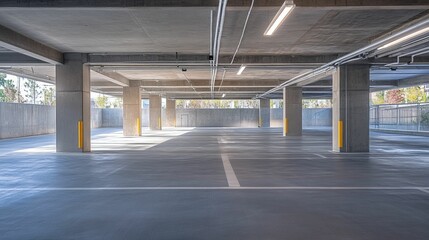 Empty concrete parking garage; sunlight streams in.