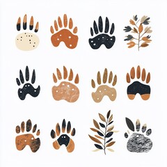 Fototapeta premium Abstract animal paw prints and foliage design elements.