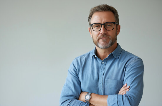 Confident stylish man with short hair and beard, wearing glasses and a blue shirt, arms crossed, isolated on white background, casual outfit, professional photo shoot pose