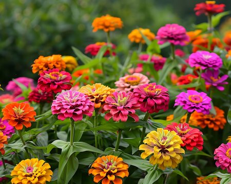 Brightly colored zinnias in a countryside flower bed