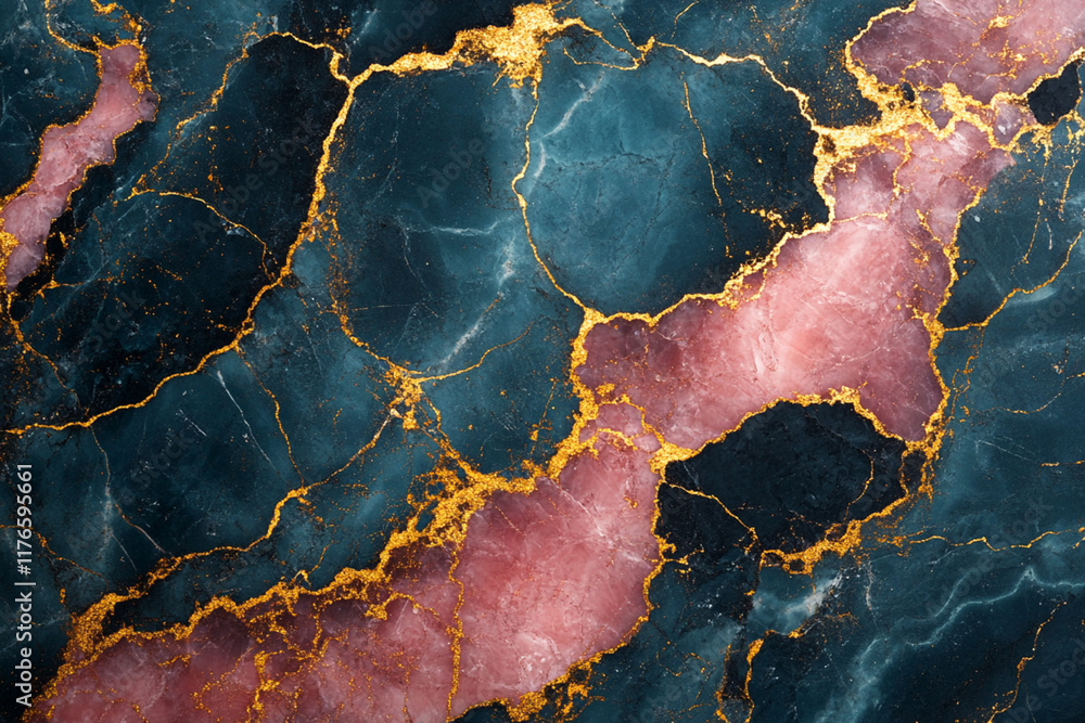 Poster elegant marble texture featuring deep teal and pink tones with intricate gold veins, creating a luxu