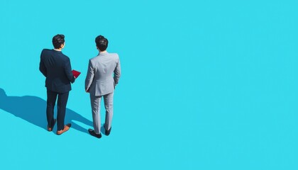 Businessmen in Suits Overlooking a Blue Background