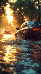 Sunset Car Flood Water Drive Golden Hour Rain
