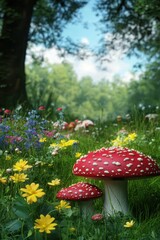 Vibrant Red Mushrooms Surrounded by Colorful Wildflowers in Nature