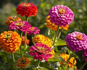 Brightly colored zinnias in a countryside flower bed