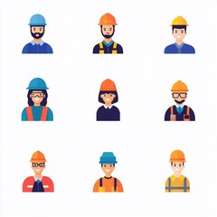 Nine flat design icons of diverse construction workers.  