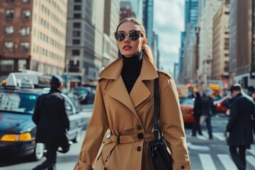 Obraz premium Stylish woman, tan coat, city street, sunglasses, handbag.