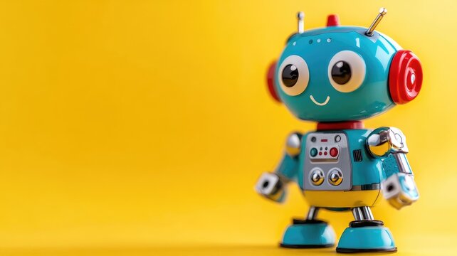 Cute blue toy robot with big eyes against yellow background