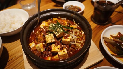 Delicious Mapo tofu with tender tofu cubes, spicy red sauce, and a sprinkle of minced meat and green onions. A popular and flavorful Chinese dish.