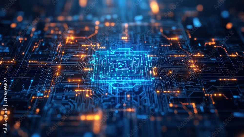 Poster abstract digital circuit board technology background glowing lines and nodes network connections fut