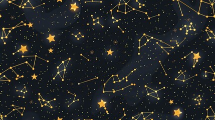 A seamless pattern of constellations and stars on a dark blue background.