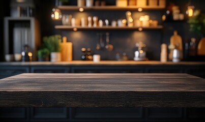 empty wooden table with copy space, on blurred kitchen background, and dark interior,, for product advertisement and display.