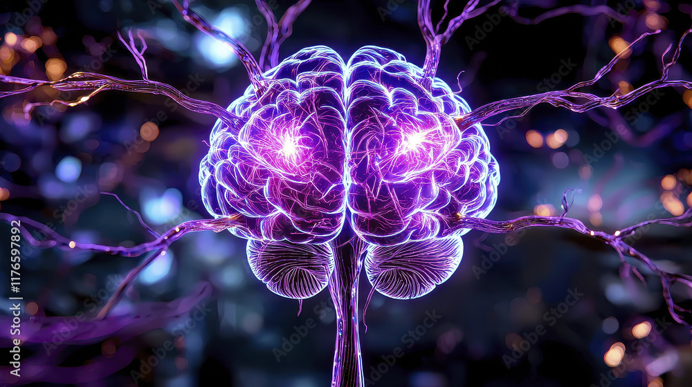 Poster glowing digital brain with vibrant neural connections, symbolizing intelligence and technology. intr