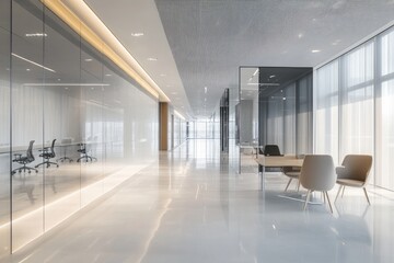 Blurred office interior with white walls and light yellow accents, blurred people working in the background, creating an abstract business concept. 