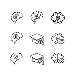 brain icon. set, brain and artificial intelligence. Brain design and chip in the middle. Education, technology and protection vector design. Line design style