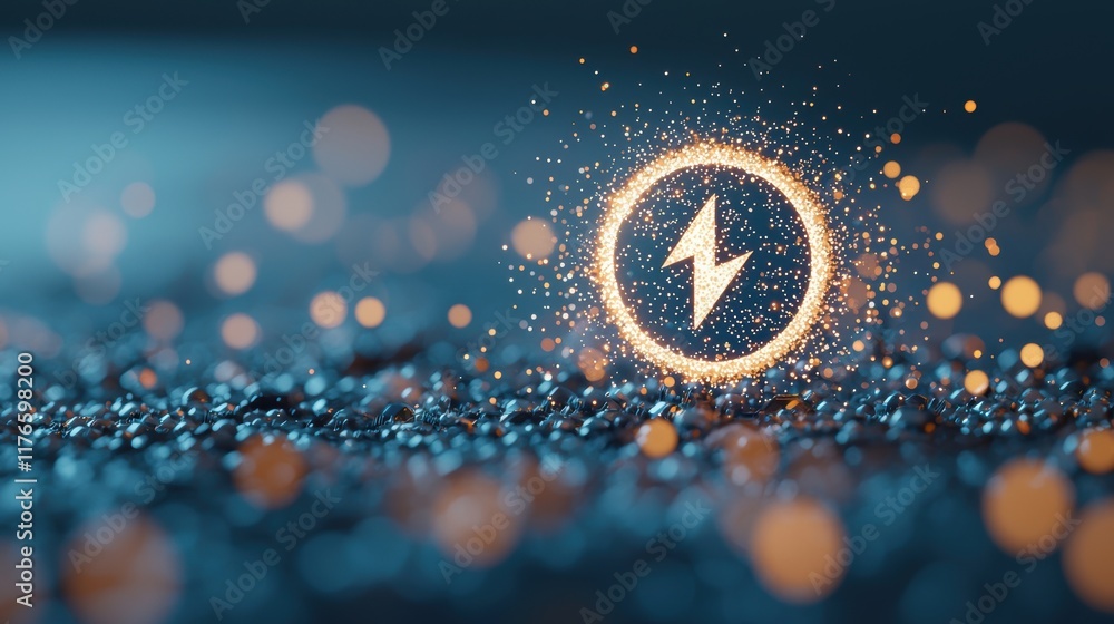 Poster an abstract representation of the power button symbol formed by glowing particles and digital circui