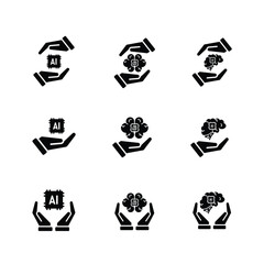 brain icon. set, brain and artificial intelligence. Brain design and chip in the middle. Education, technology and protection vector design. Solid design style