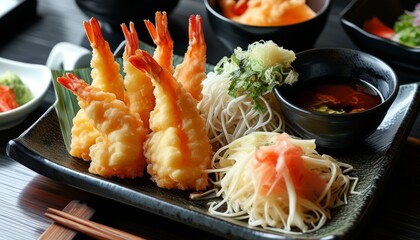 Delicious Shrimp Tempura with Noodles and Dipping Sauce on Elegant Plate Decor