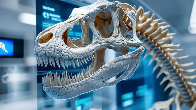 Detailed view of a dinosaur skull skeleton in an educational setting.