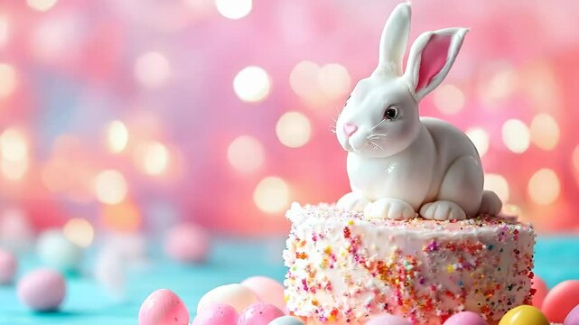 White chocolate bunny rests atop a small frosted cake covered in colorful sprinkles, creating a festive easter centerpiece
