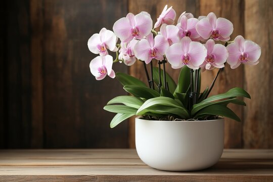 Pink orchids in pot, wooden background, home decor