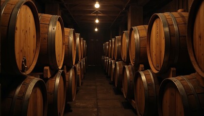 Photorealistic close-up of stacked wooden wine barrels in winery cellar, soft warm light, rustic atmospheric mood, with copy space  
