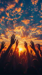Crowd Silhouettes at Sunset  Reaching Upwards