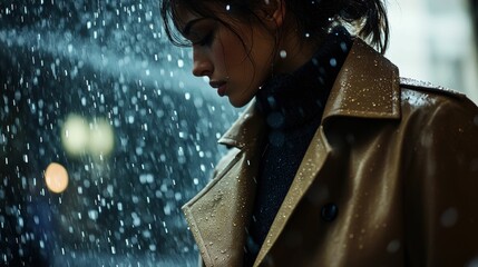 Rain-soaked woman, brown coat, pensive expression.