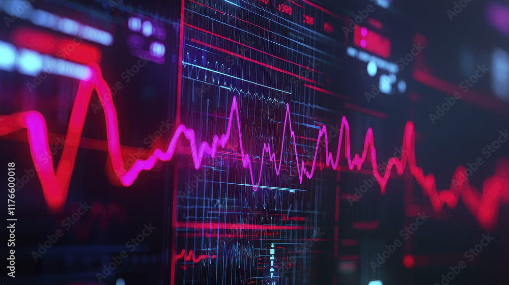 Poster high detail abstract digital visualization with vibrant red and blue lines representing data trends 
