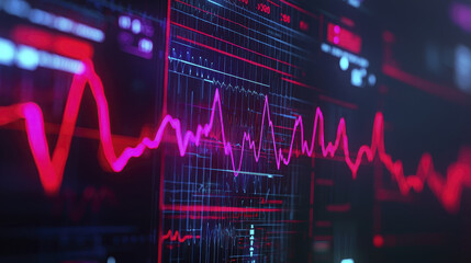 High detail abstract digital visualization with vibrant red and blue lines representing data trends and fluctuations. This conveys sense of technology and innovation
