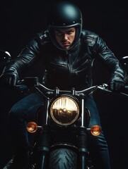 A young man riding a chopper motorcycle on black background