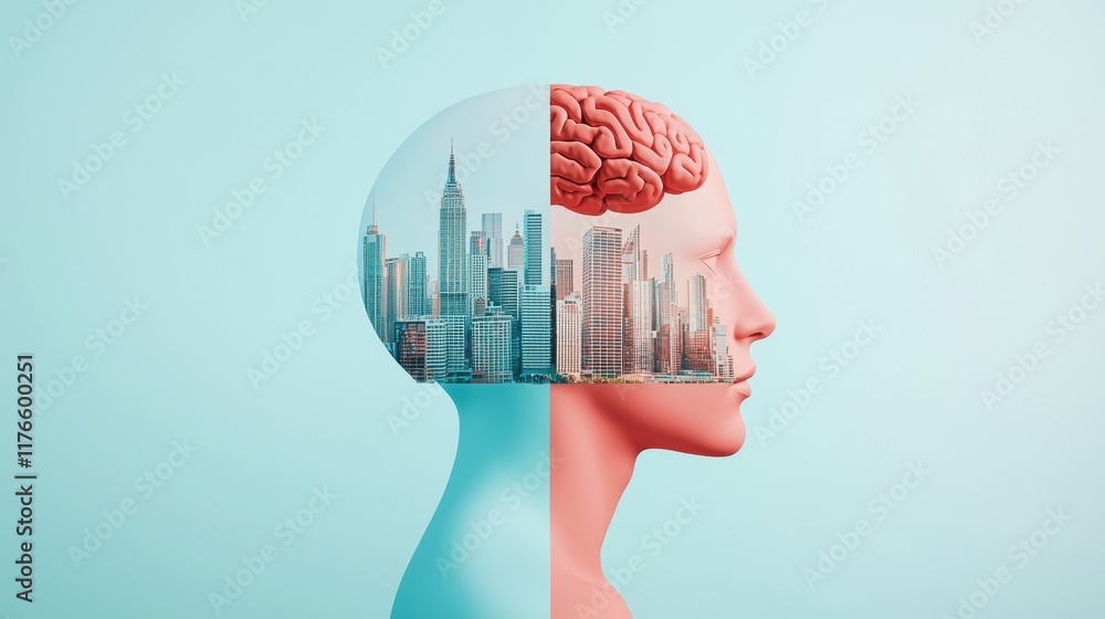 Poster a split view of a human head, with one side showing a realistic brain and the other side depicting a