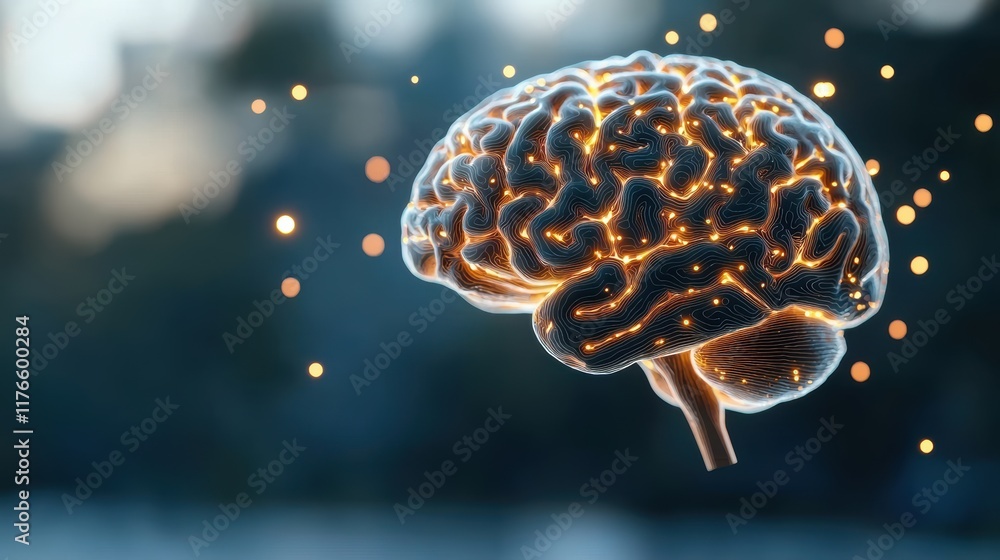 Poster a human brain intricately rendered in 3d, with glowing nodes and pathways, representing the complexi
