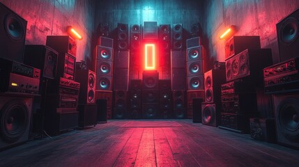 Neon-lit room filled with vintage stereo equipment.