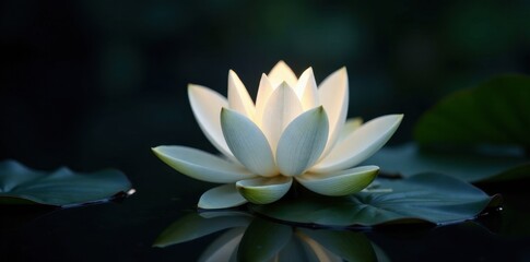Mystic white lotus flower, glowing softly on a black background, contrast, plant