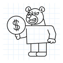 Doodle bear holds coin with dollar sign and smiles