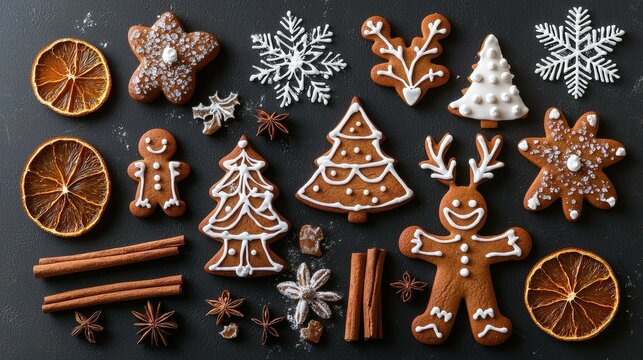 Festive gingerbread cookies decorated with icing. AI.