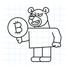 Doodle bear holds coin with bitcoin sign and smiles