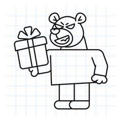 Doodle bear holds gift box and smiles