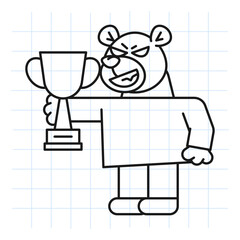 Doodle bear holds gold cup and smiles