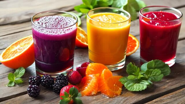 Glasses of colorful fruit juices with fresh fruits and berries on a wooden table