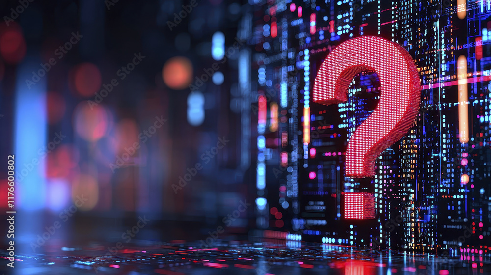 Poster large illuminated question mark stands out against vibrant digital background, symbolizing inquiry a