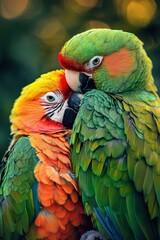 Fototapeta premium Two parrots nuzzle, displaying vibrant plumage. AI.