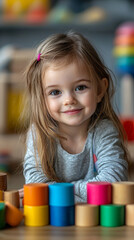 Happy Toddler Girl Playing with Colorful Wooden Blocks
