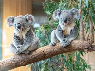 Obraz premium Two koalas sitting on a tree branch. AI.